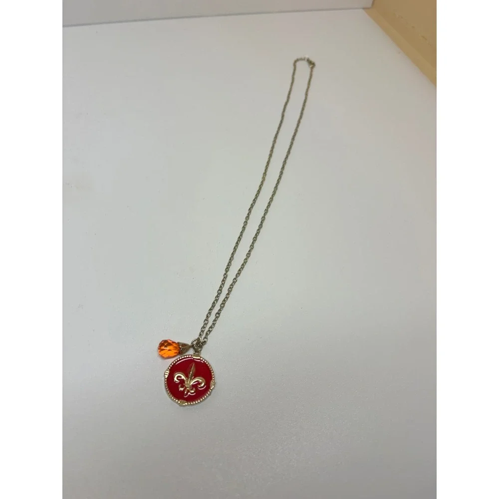 Gold Tone Red Enamel Fleur-de-lis Pendant Necklace with Orange Crystal Charm
